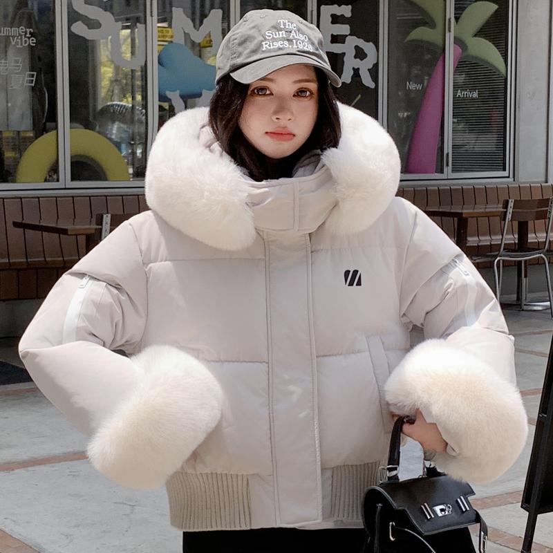 

Модное зимнее пальто женское короткое парки с капюшоном воротник из искусственного меха свободное толстое теплое женские куртки XL белый