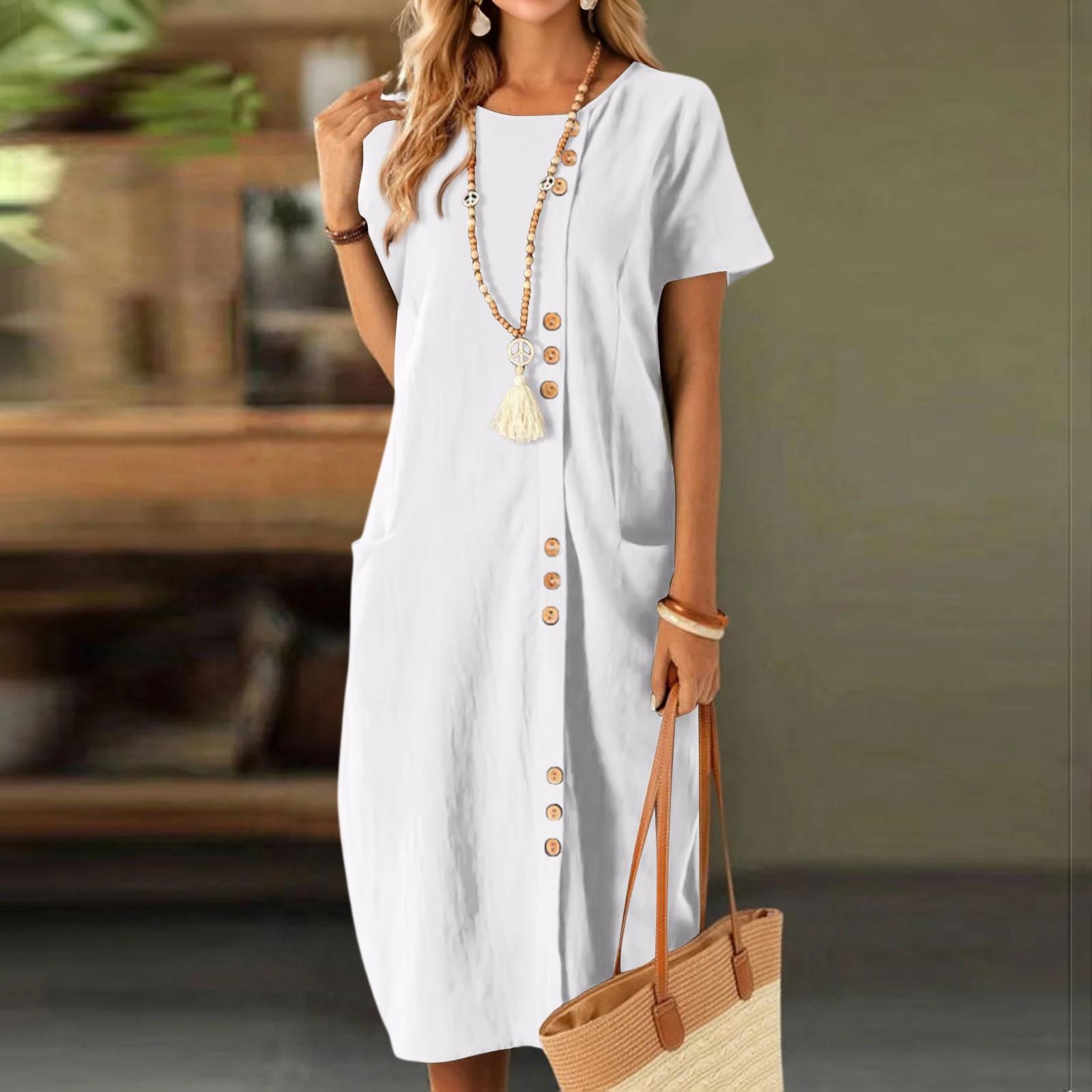 

Платье для женщин повседневное на пуговицах с коротким рукавом свободное с карманами XL белый