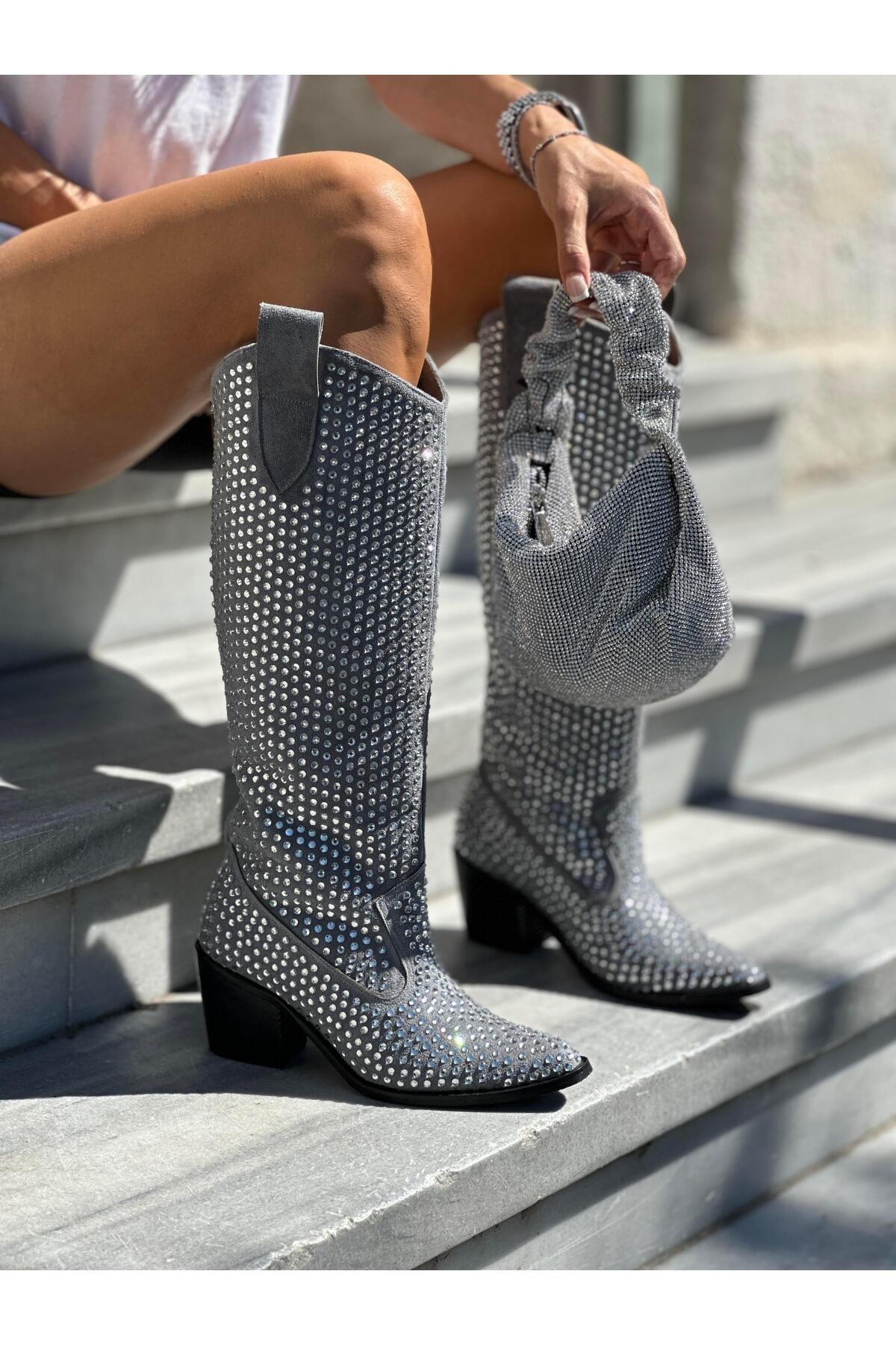 

Женские современные стильные модные сапоги Kalinda, ковбойские сапоги с кристаллами и камнями, серебро 36