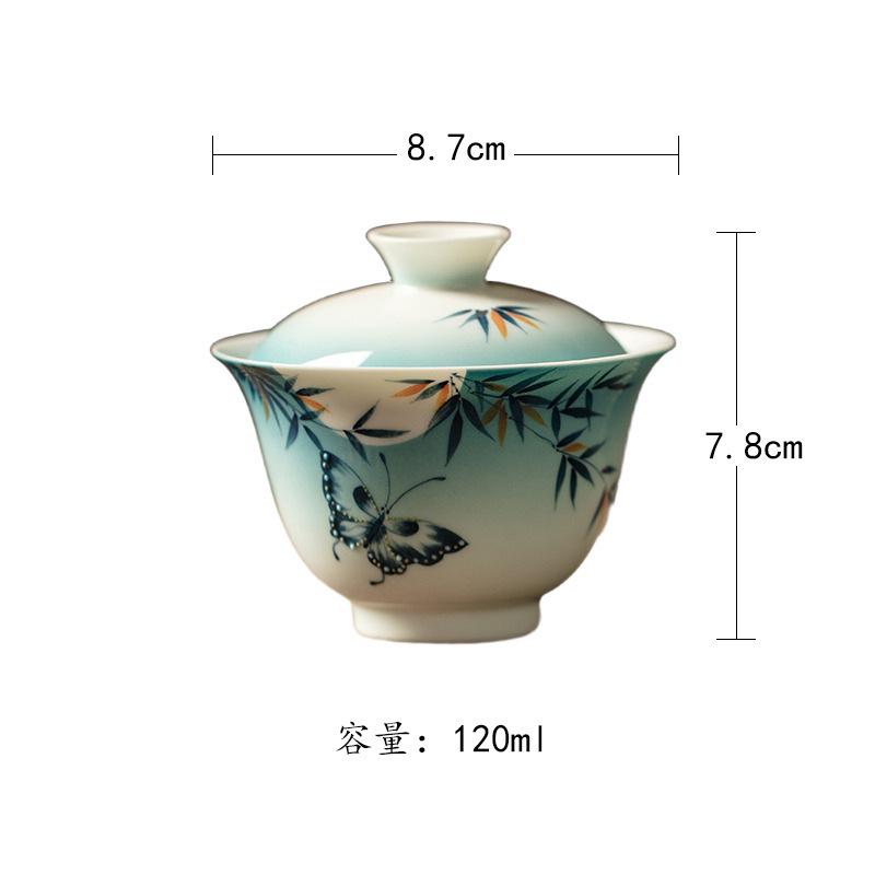 

120ml Hand-painted Bamboo Butterfly Gaiwan Ancient Tea Tureen Tea Bowl With Lid Kit Tea Maker Cover Bowl Tea Items Collection