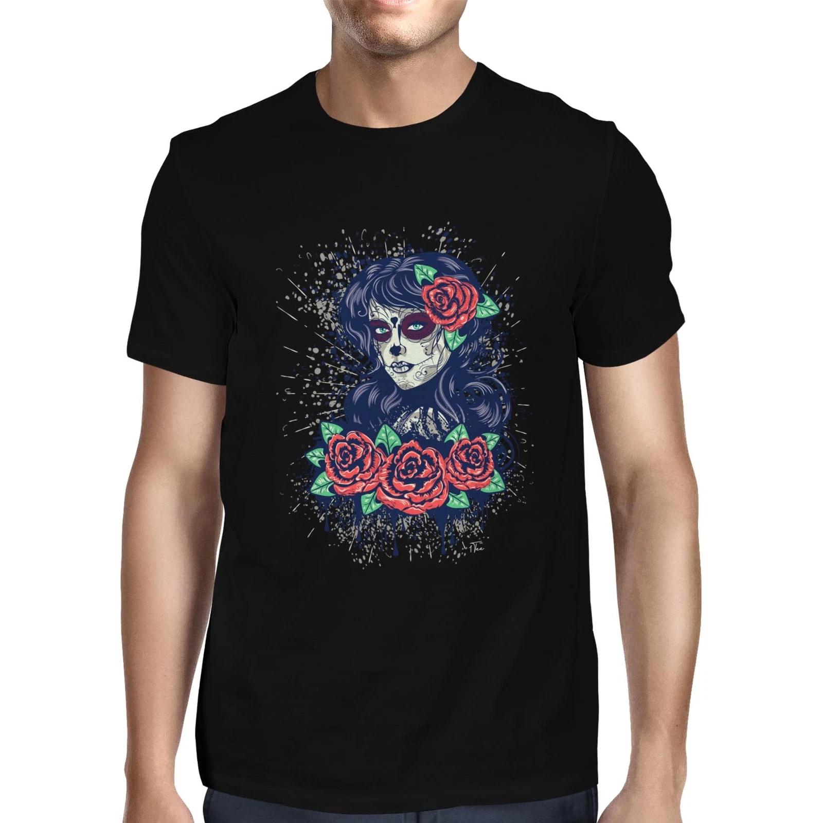 1Tee Mens Day of The Dead Sugar Skull Woman with Red Roses T-Shirt XXXL