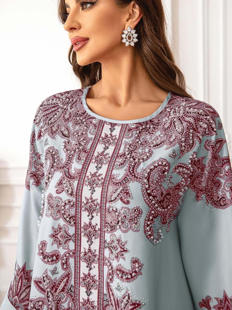 High-Density Beaded Print Muslim Abaya Dress