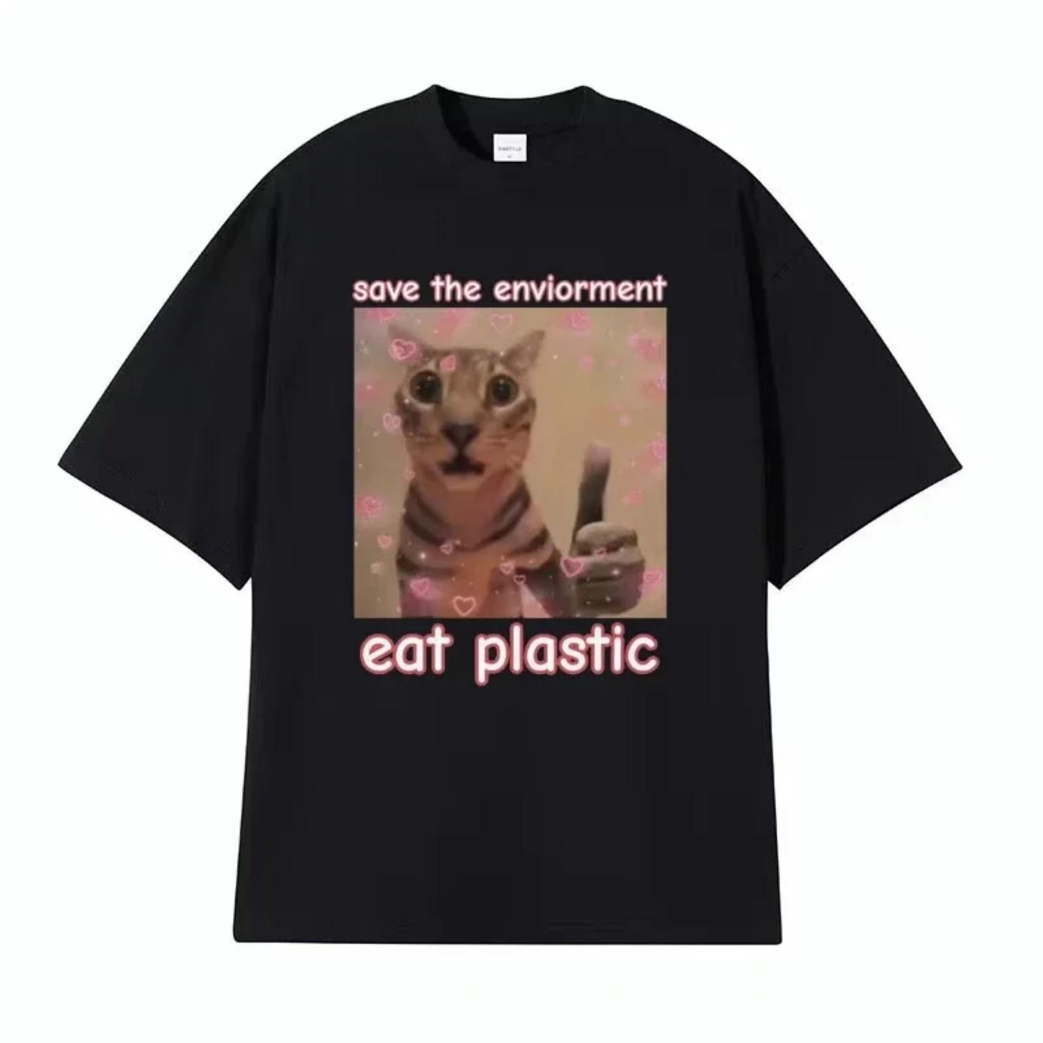 Camiseta divertida Save the Environt eat Plastic CAT me para camisetas de moda y humor casual feino S чёрный