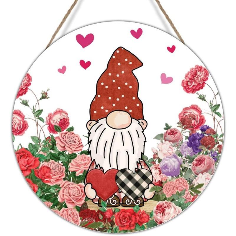 Valentinstag Wichtel Blumige Liebe Holzschild Rosa und Rote Rosenblume Herz Wichtel Rustikale Schilder 14. Februar Valentinstag Runder Türhänger