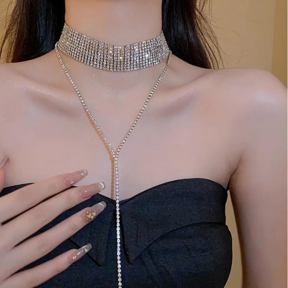 Gold Multi-Layer Necklace Y-shaped Long Choker Cute Rhinestone Necklace  Party