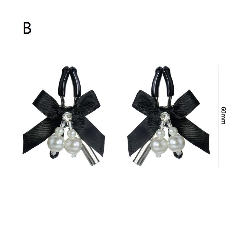 Pink Adjustable Metal Nipple Clamps with Soft Non-Slip Pads Bow Pearl Rhinestone Decor for Couples Intimate Bedroom Play