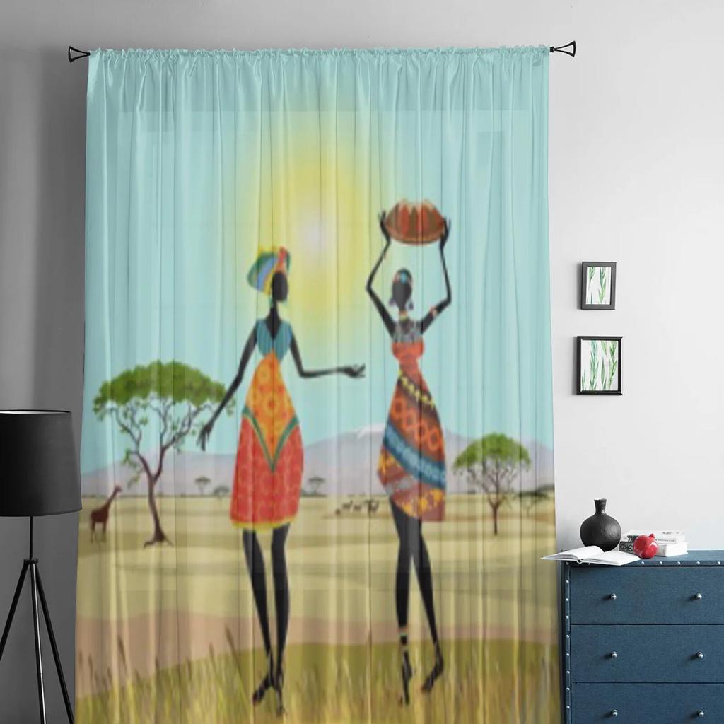 Afrikanische Frauen in Berglandschaft Gardinen für Schlafzimmer Wohnzimmer Tüllvorhänge für Küche Fenster Voile-Vorhänge