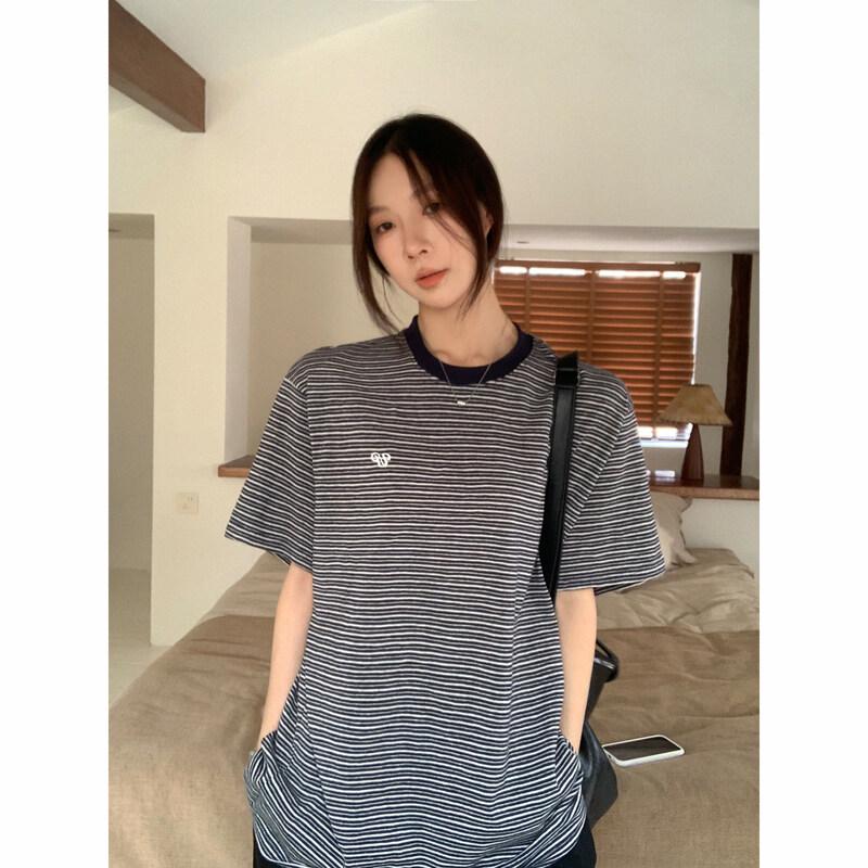 ICH MODE Women s Retro Color-Block Striped Short Sleeve T-Shirt 2XL