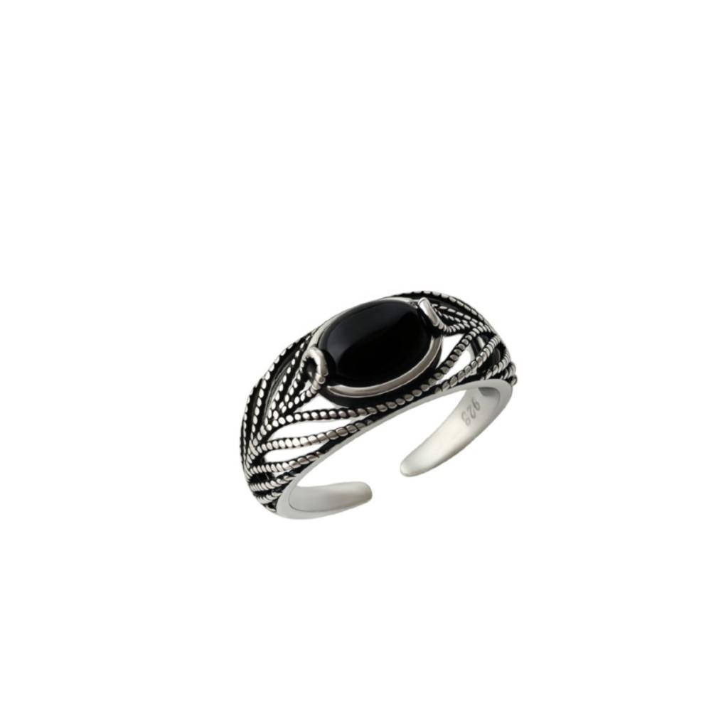 PANJBJ 925 Sterling Silver Black Agate Rings for Women Line Texture Hollow Out Design Retro Jewelry Gift Dropshipping