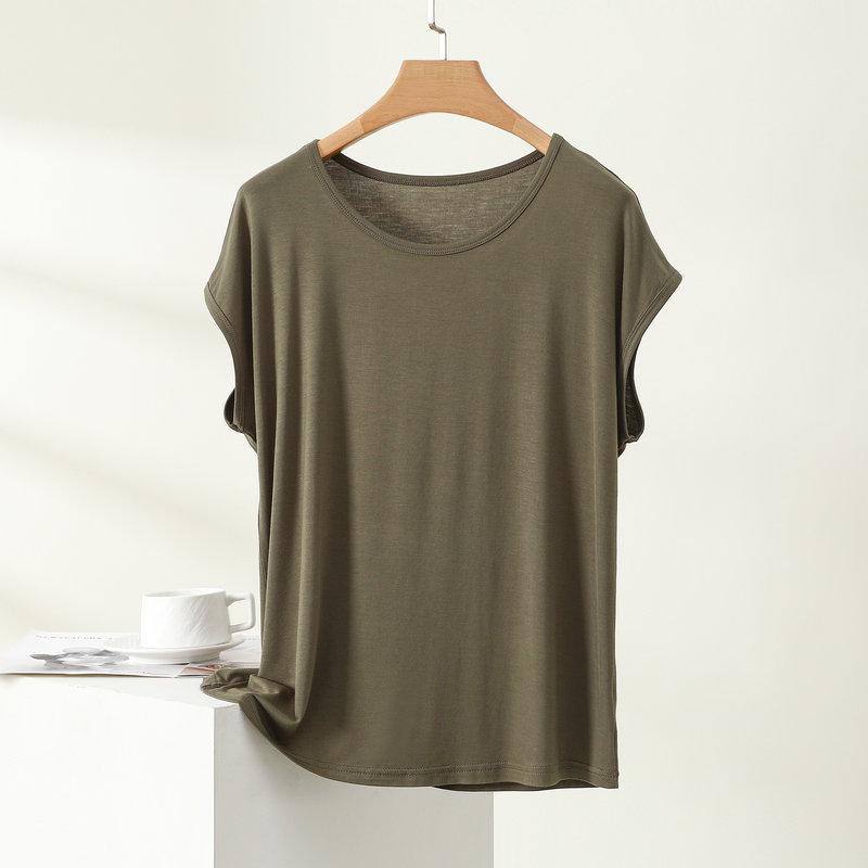 Camiseta Modal de Mujer Verano Fina Cuello Redondo Manga Corta Blusa Minimalista Holgada Tallas Grandes Transpirable Casual Diaria Camisetas