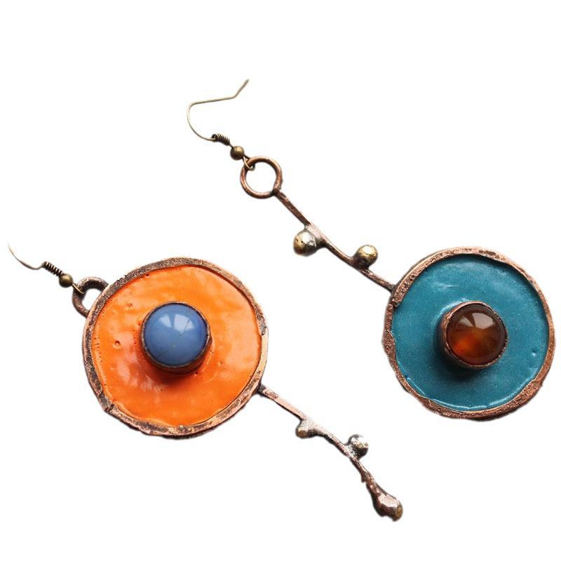 Asymmetrical Graffiti Antique Copper Earrings with Diamond Inlay - European & American Artisan Design