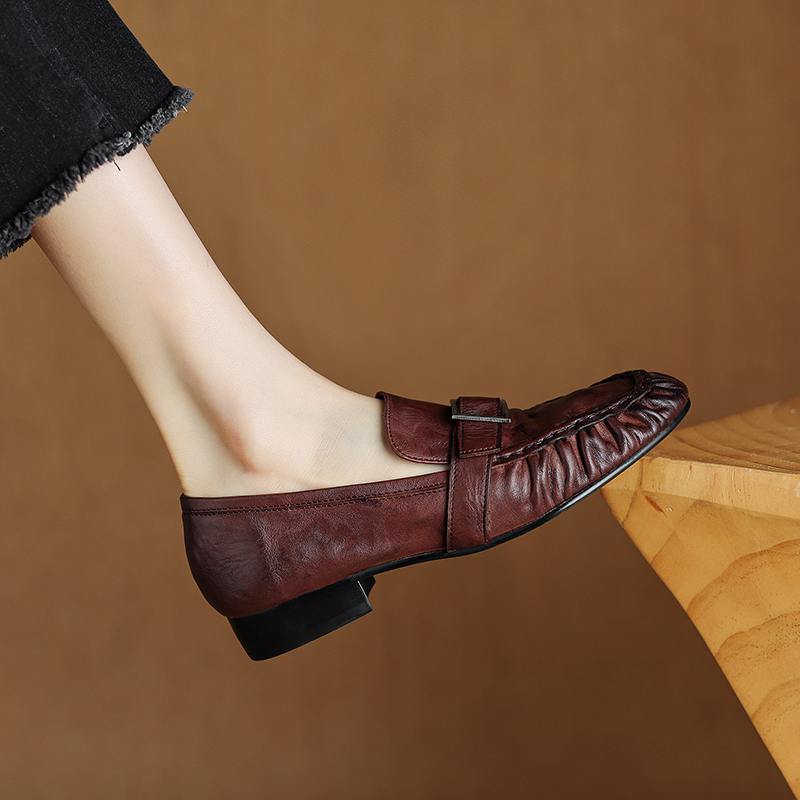 Krazing Pot Cow Skin Spring Summer Size 40 Loafers Thick Low Heels Pleated Decoration Women Round Toe Leisure Pumps