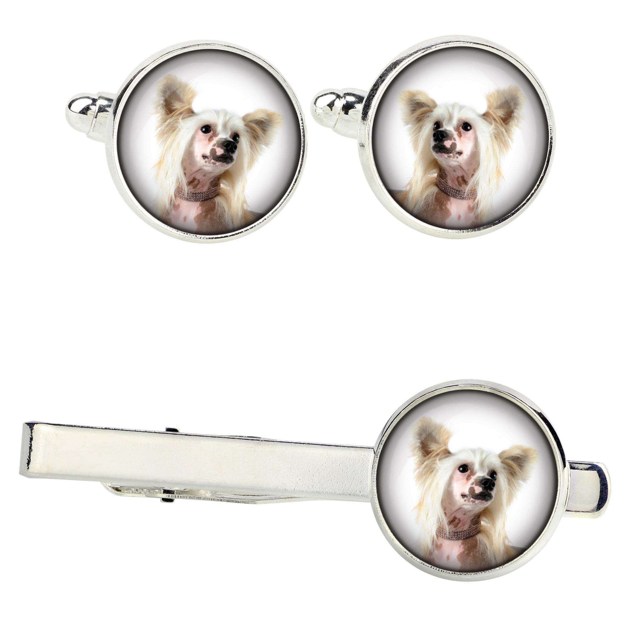 

Chinese Crested Dog, Puff - cufflinks and tie with your photo, a suit decoration, men s jewelry from the Art-Dog brand. срібний