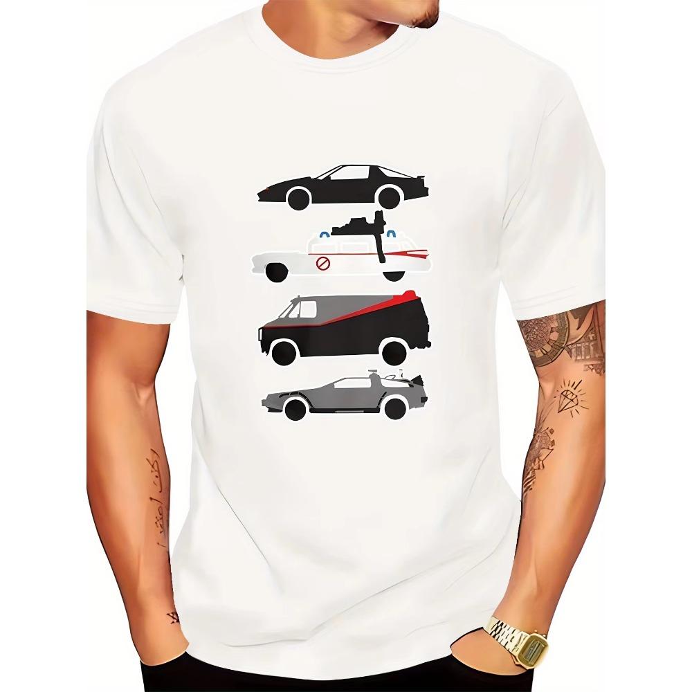 Stylish Black Graphic Tee - Men's Premium Casual T-Shirt with Unique Car Print, Round Neck, Summer Fashion, Machine Washable,