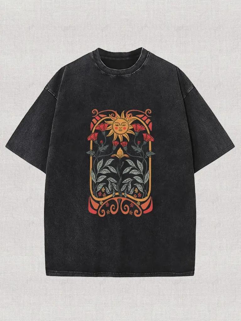Washed T-Shirt - Thick Crew Neck Short Sleeve Loose Fit Streetwear Top with  Print Suitable for Spring Summer Casual Wear