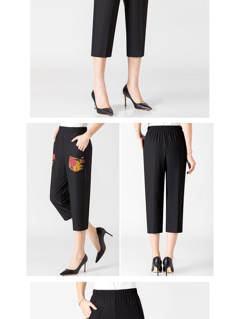 Women's Summer Mid-Length Loose Fit Pants with Embroidery - Plus Size for Middle-Aged and Elderly Moms