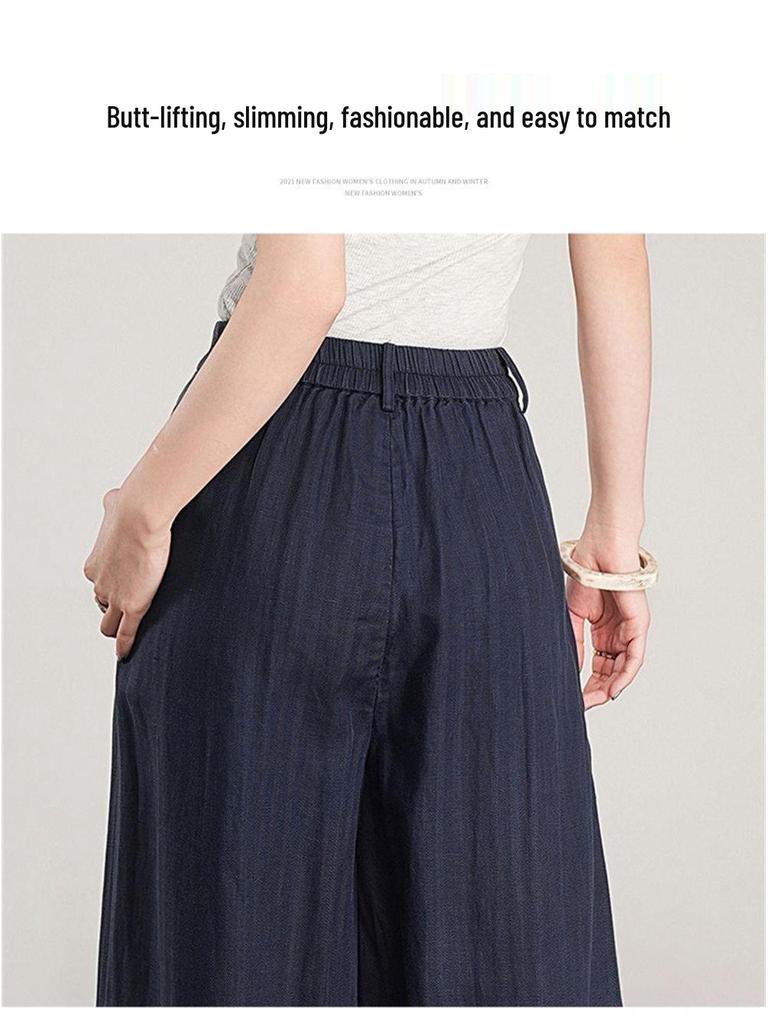 Lace-Up High Waist Cotton Linen Wide-Leg Cropped Pants