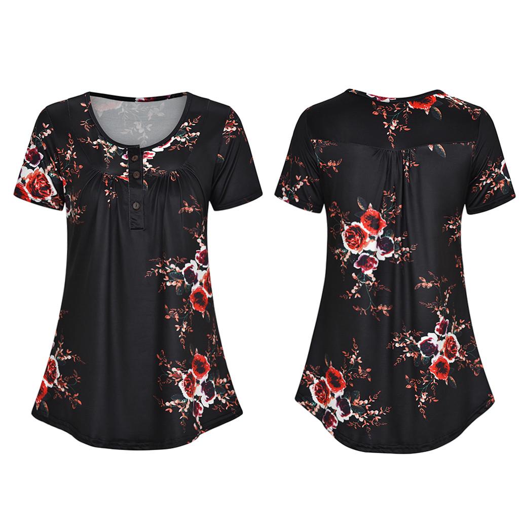 Women Casual Short Sleeve Button Pleated Loose Tunic Printed Blouse Tops Shirt XL чёрный
