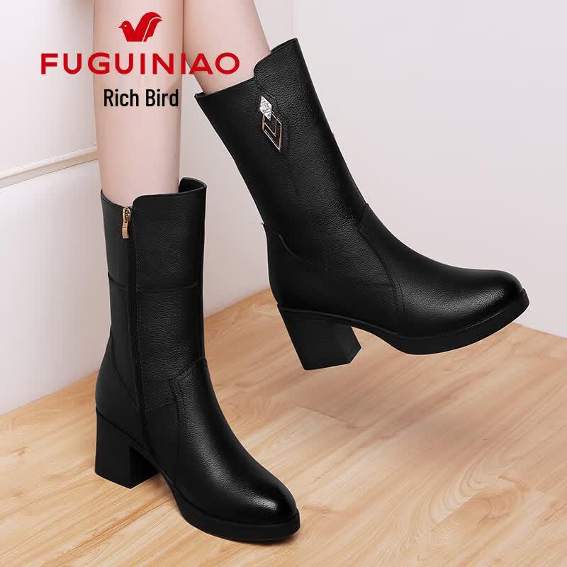 Fuguiniao Women s Genuine Leather Chunky High-Heel Ankle Boots 39