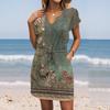 Women's Summer V-Neck Short Sleeve Drawstring With Pocket Floral Print Casual Dresses