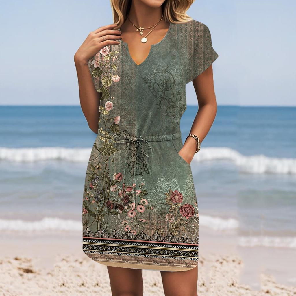 Women's Summer V-Neck Short Sleeve Drawstring With Pocket Floral Print Casual Dresses