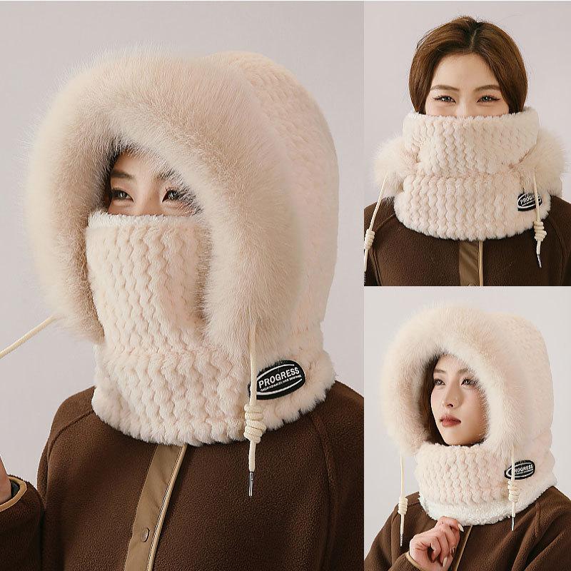 Autumn and Winter Hat Women's Scarf Integrated Fleece Thickened Thermal Hat Outdoor Cycling Hat Windproof Thermal Hat