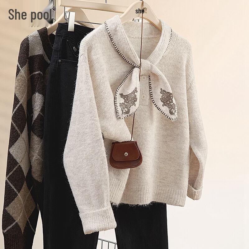 

Women s Lamb Wool Blend Embroidered Lace-Up Knit Pullover Sweater One Size