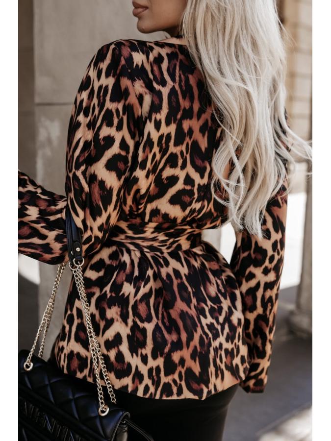 2024 Autumn Women's Leopard Print Tie-Waist Suit Collar Long Sleeve Coat - European & American Style