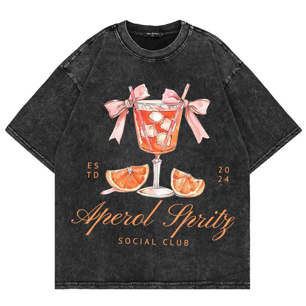 Cotton Vintage Washed Aperol Spritz Club Tshirt New Fashion Men Casual Retro Lemon Cool Oversize Loose Acid Wash Tee Shirt