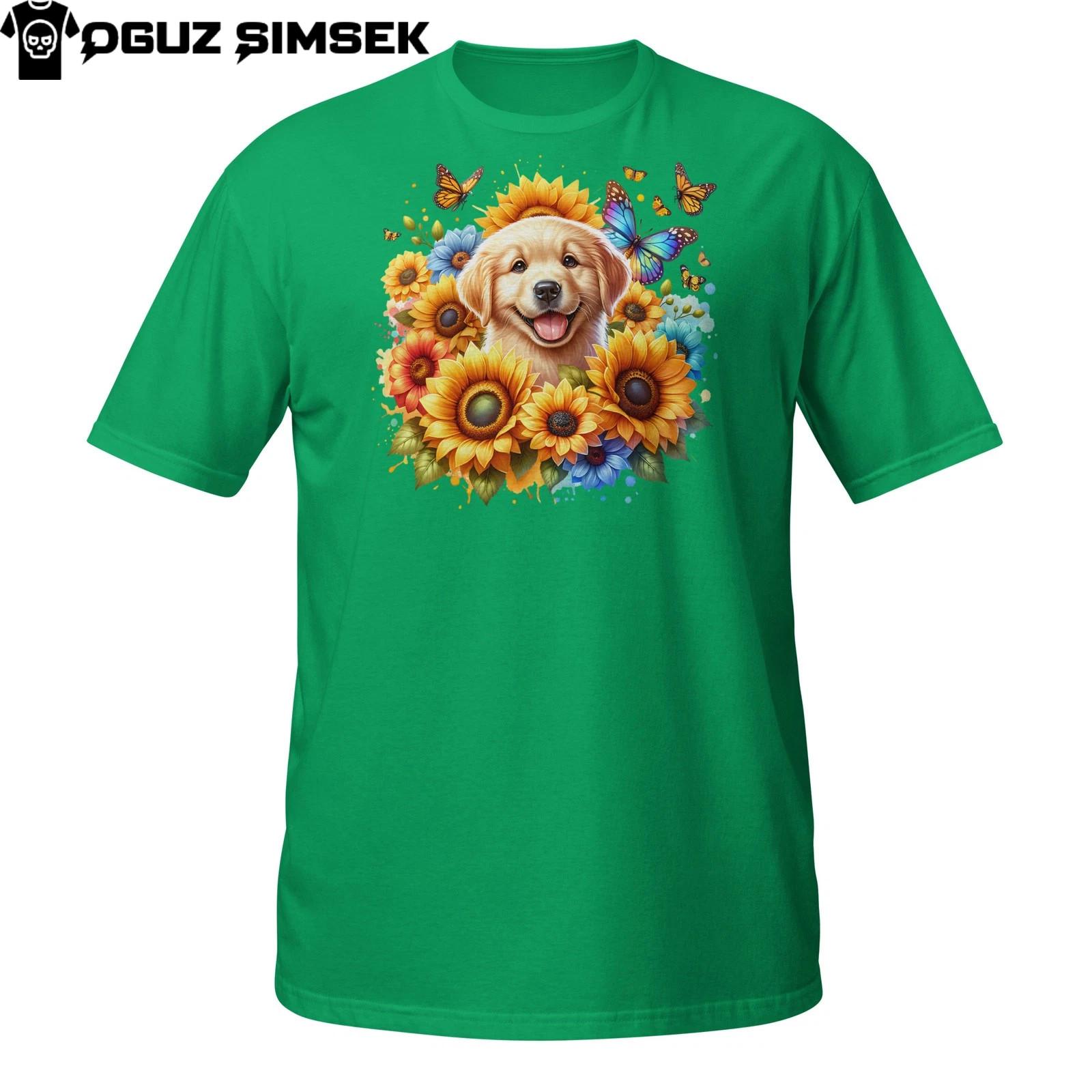 Happy Puppy with Sunflowers and Butterflies – Golden Dog T-Shirt Mens Womens Tees Top Gift S