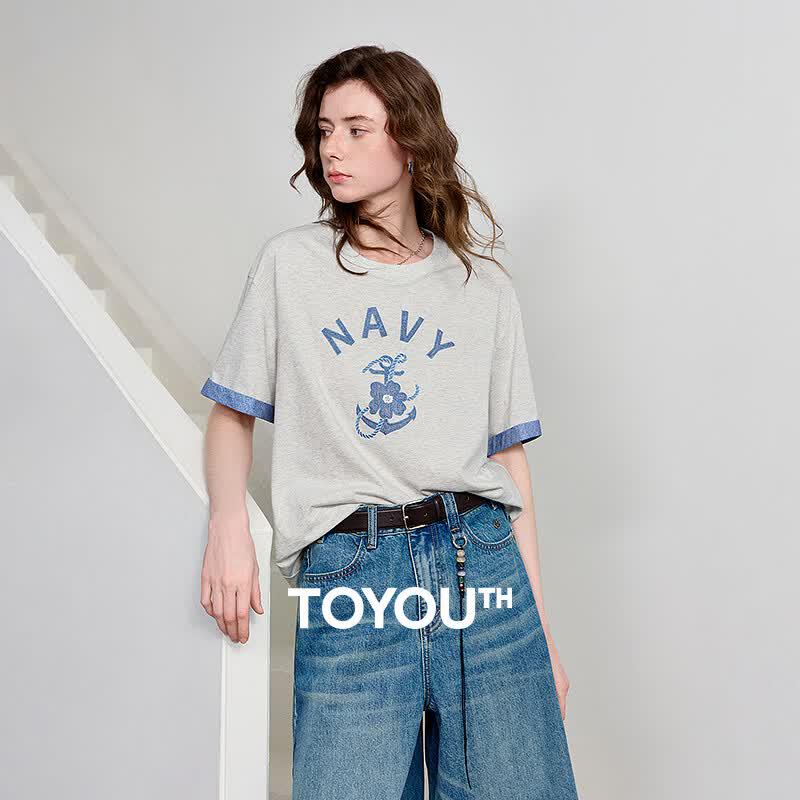 Chuyu Women s Antibacterial Cotton Nautical Embroidered Loose T-Shirt S