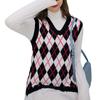 Women Streetwear Preppy Style Knitwear Tank V Neck Argyle Plaid Knitted Sweater