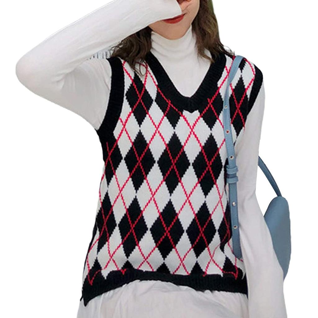 Women Streetwear Preppy Style Knitwear Tank V Neck Argyle Plaid Knitted Sweater