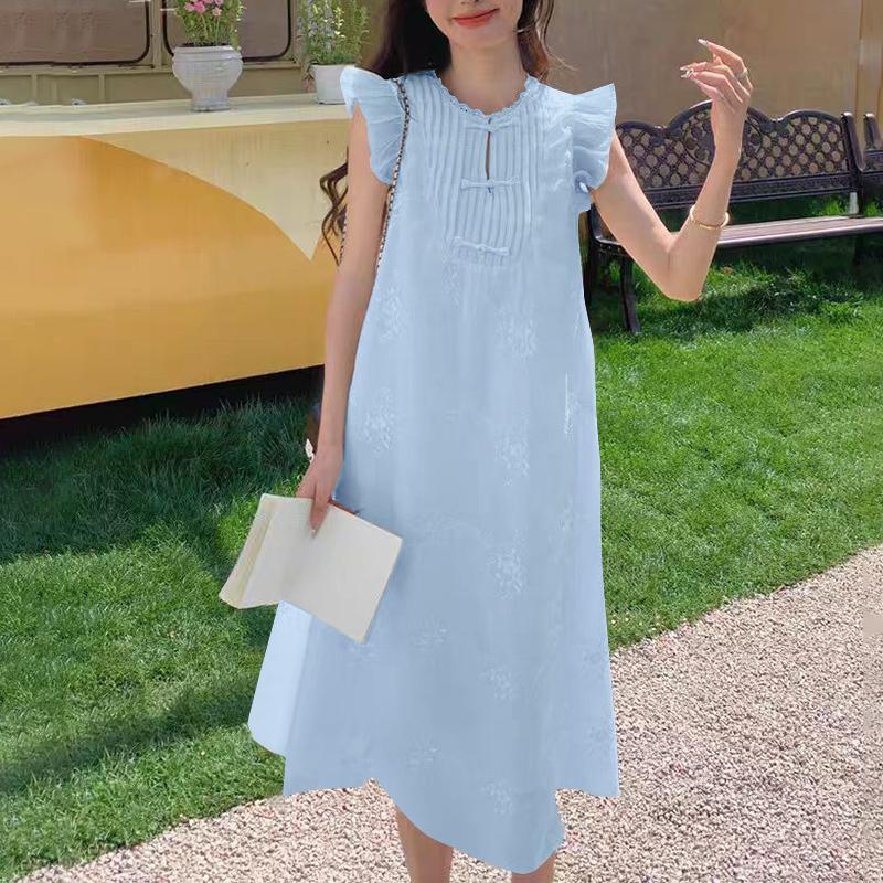 

ZANZEA Women Casual Round Neck Cap Sleeve Summer Lace Crochet Dress 5XL синій