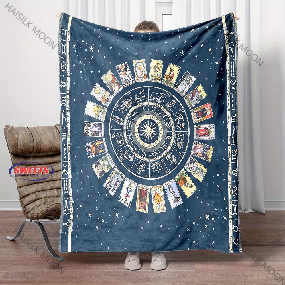 12 Zodiac Card Printed Blanket - Super Soft Bedding Divination Tarot Pattern Lightweight Home Four Season Throw & Shawl Blanket