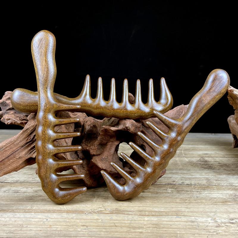 Wood Comb Head Meridian Natural Wood Long Handle-Comb Multifunction Insert Teeth Massage Combs