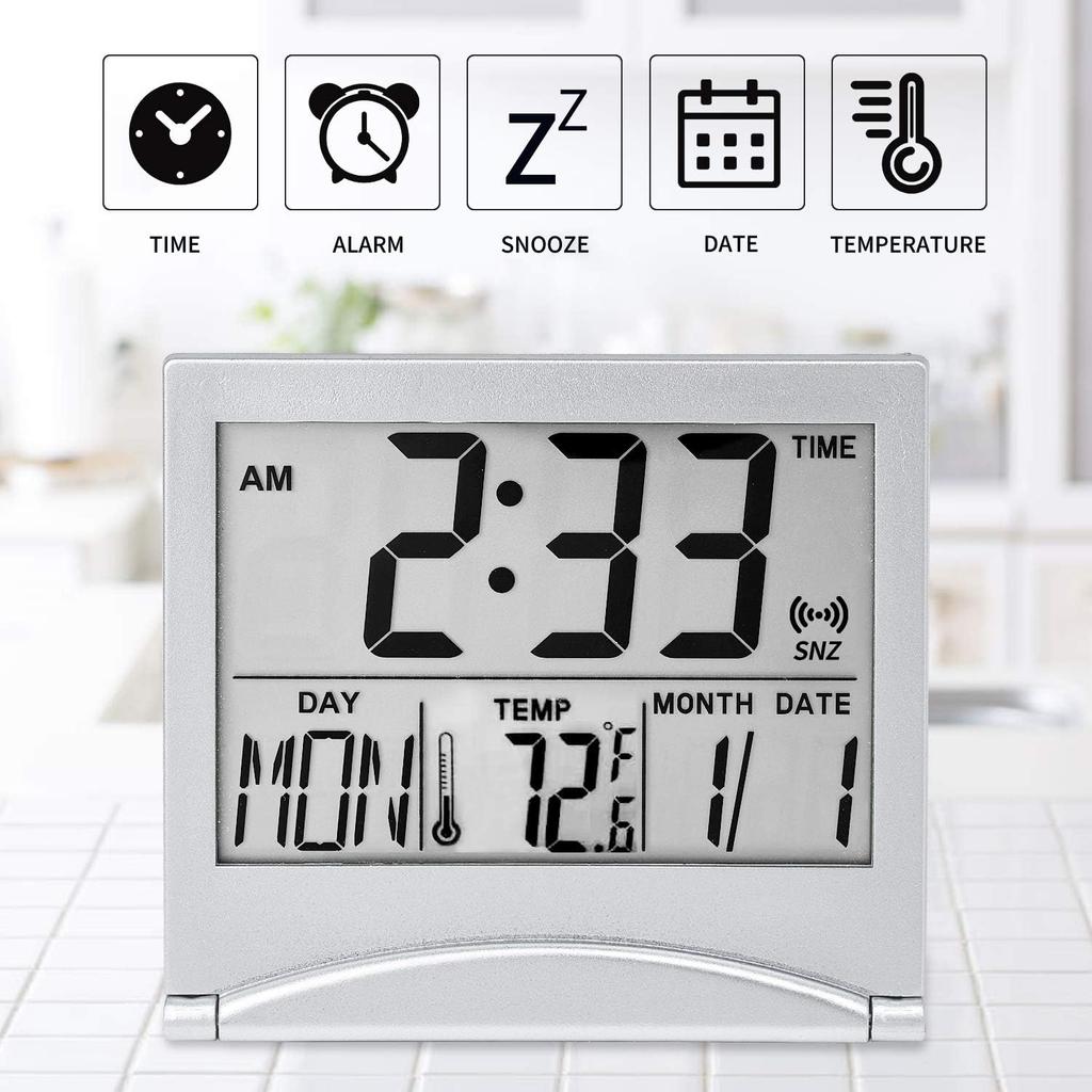 Digital Travel Alarm Clock Battery Operated, Portable Large Number Display Alarm Clock with Temperature,12/24 H Small Desk Clock -Silver (NO Light)