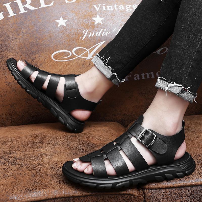 Fashion 2025 Mens Casual Outdoor Slippers Men's Hollow Out Summer Roma Sandals Leather Thick-soled Beach Shoes Non-slip Handmade Sandals