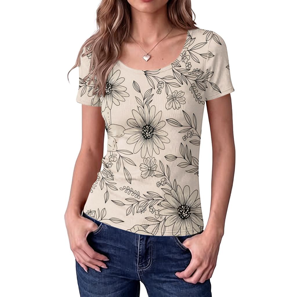 Women Slim Fit Short Sleeve Top Square Neck Vintage Floral Print Ribbed Knit Stretchy T-Shirt Casual Summer Blouse
