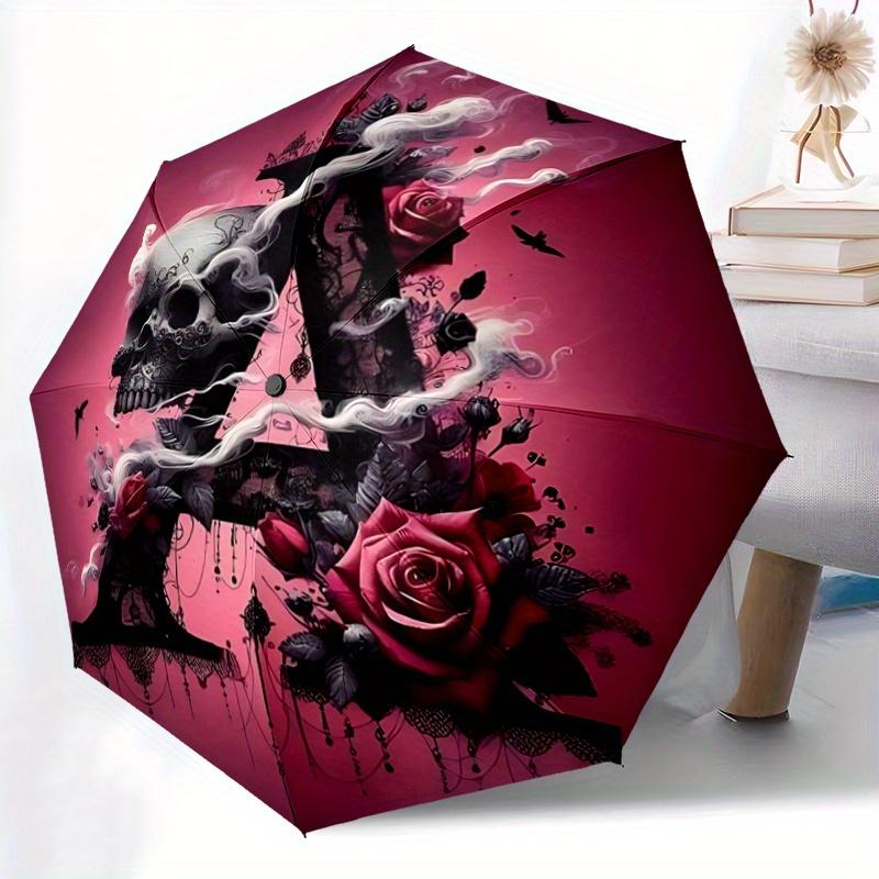 1pc A Skull Roses and Lace in Dark Pink Pattern Umbrella, Fashionable, Personalized, High-Value Folding Umbrella, a Must-Have for Summer, 8-Rib D