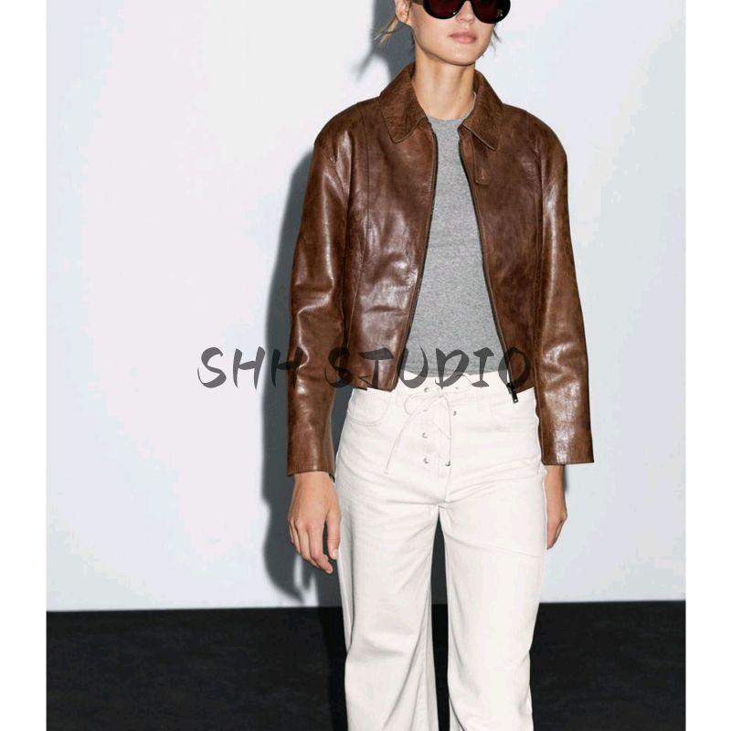 MD New Fall Women's Clothing Frank Cool Wind Fancy Poly Urethane Leather Short Lapel Leather Coat 4737587