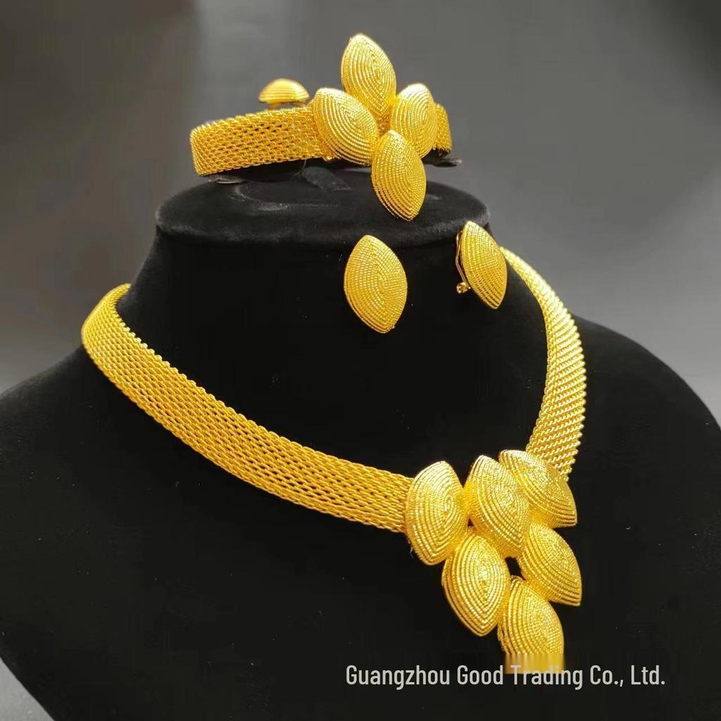 24K Gold-Plated Bridal Jewelry Set: Necklace, Earrings, Ring & Bracelet for Middle Eastern, Indian, and Nigerian Weddings.