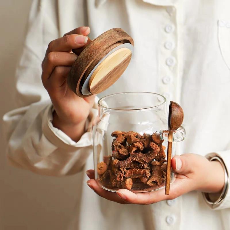 Glass Pot Kitchen Food Grade Sealed Glass Jar Coffee Powder Seasoning Storage Jar Acacia Wood Honey Jar