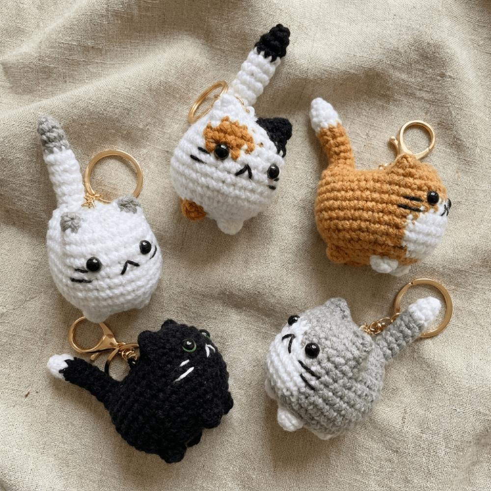 Multi-color Crochet Kitten Keyrings Cartoon Knitted Cat Keychain Cat Crochet Keychain Gift