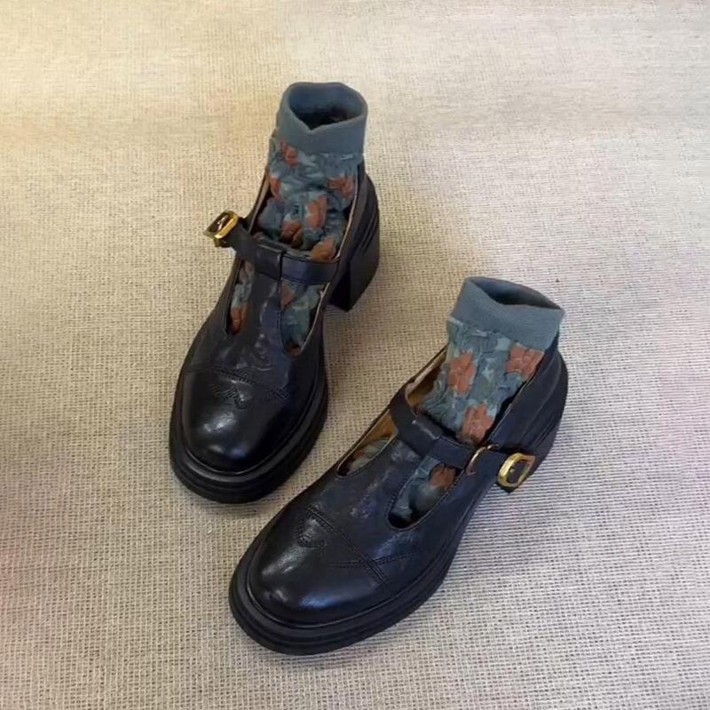 Sheepskin version~ platform thick heel retro small leather shoes women's genuine leather round head single shoes Mary Jane shoes