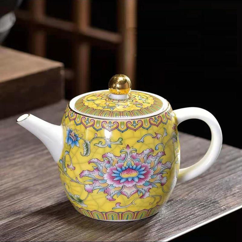 Large Ceramic Teapot Set with Hand Painted Flowers Home Tea Brewing Kungfu Tea Kit with Handle