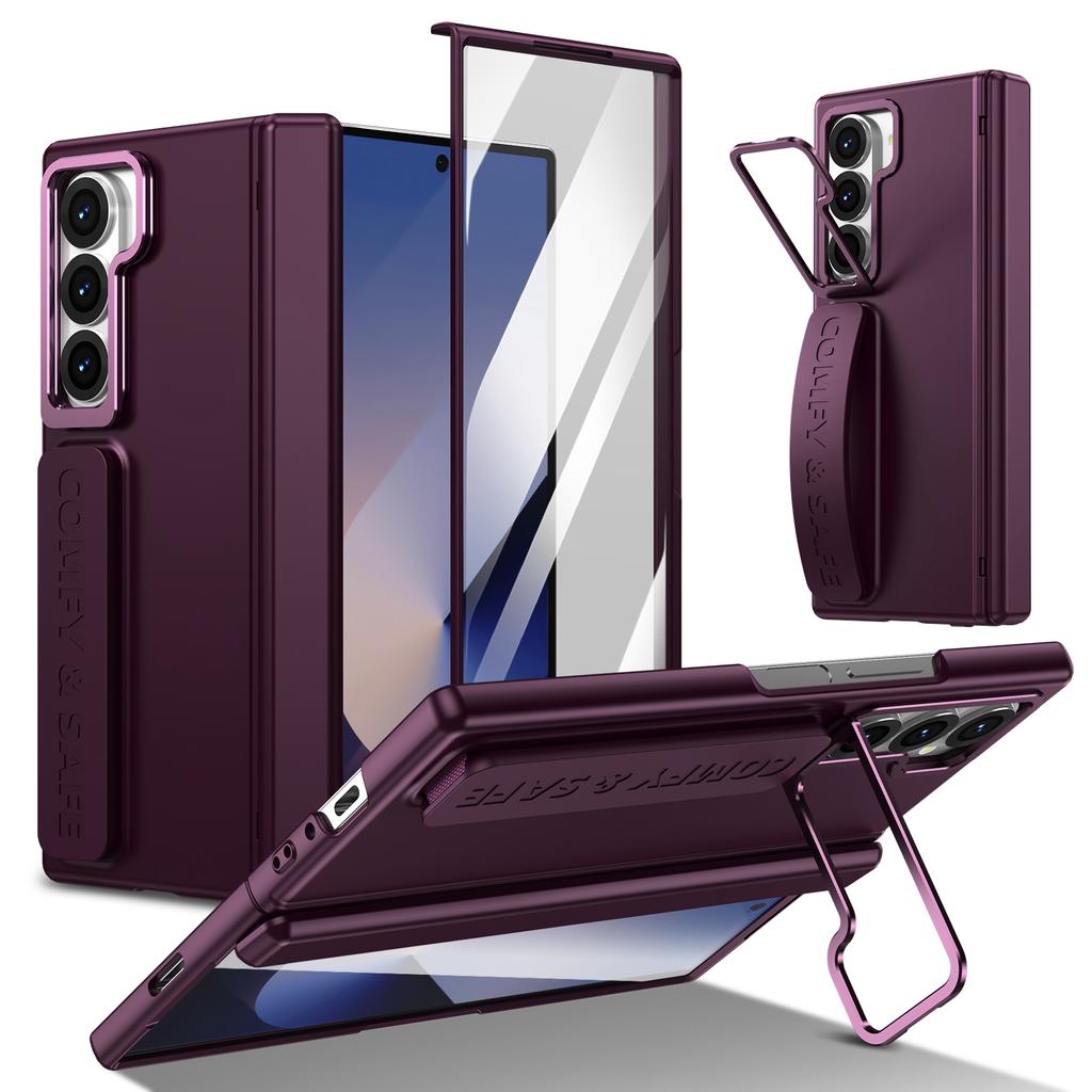 Wristband Holder Leather Case for Samsung Galaxy Z Fold 8 Ultra 7 6 5 4 3 Metal Lens Stand Screen Glass Film Protection Cover