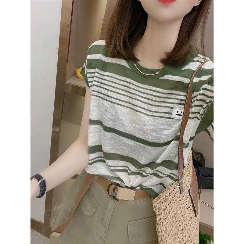 Women Striped Print Appliques Simple Casual Comfortable Ice Silk Knit T Shirt Summer Trendy Short Sleeve Y2K Tops Ropa De Mujer