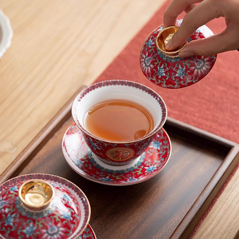 Chinese Wedding Tea Set, Enamel Red Double Happiness Cup, Bride Dowry Gifts, Ceremony Kung Fu Tea Pot, Bridal Bowl Chopsticks