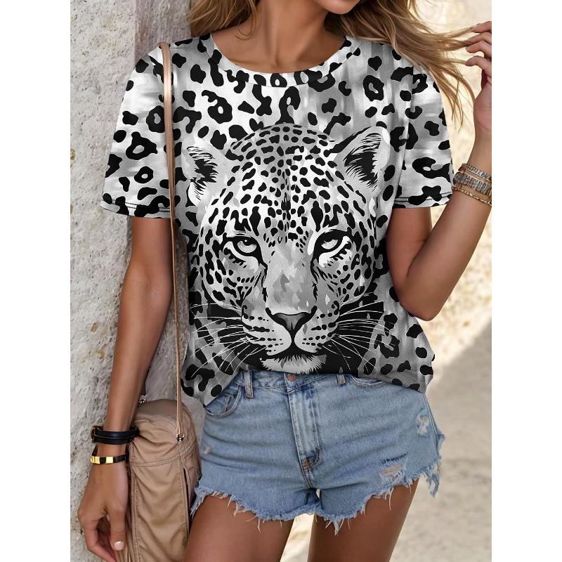 

Women s T Shirt Leopard Fashion Short Sleeve Crew Neck Regular Tops Daily Weekend Print Blue Purple Fuchsia Green Gray Summer S